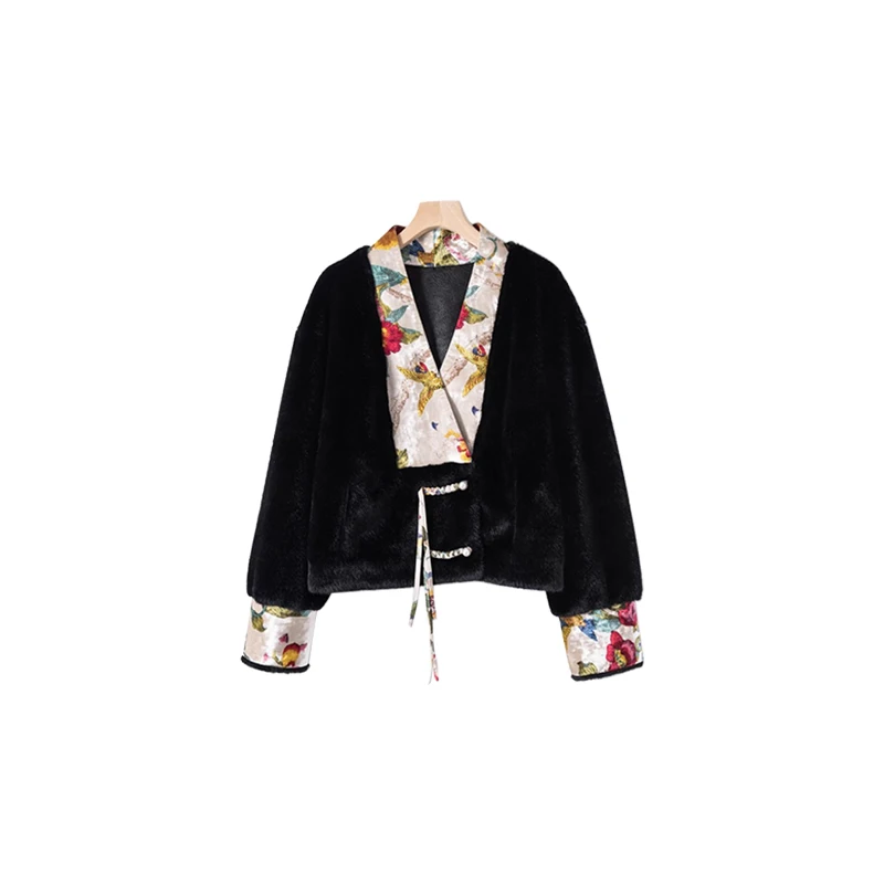 OERALCIS Chinese Sle Gold Mink Velvet Embroidered Patchwork V-ne Silhouette Coat Autumn Winter New Retro Large Coat