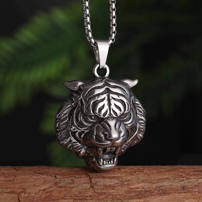 Stainless Steel Ferocious Tiger Head Pendant Animal Necklace Men's Domineering Hip Hop Rock Trend Jewelry Boy Gift