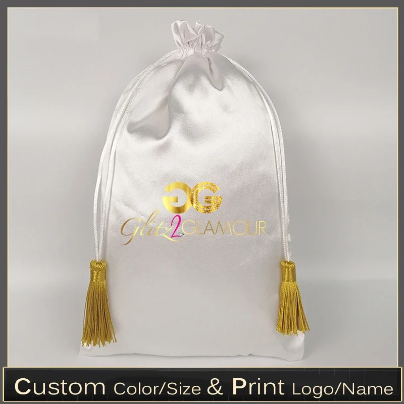 Luxury Satin Hair Bag Custom Logo Drawstring Pouch Tassel Hair Makeup Jewelry Wig Extension Bags for Bundles 15x20/18x30/30x40cm