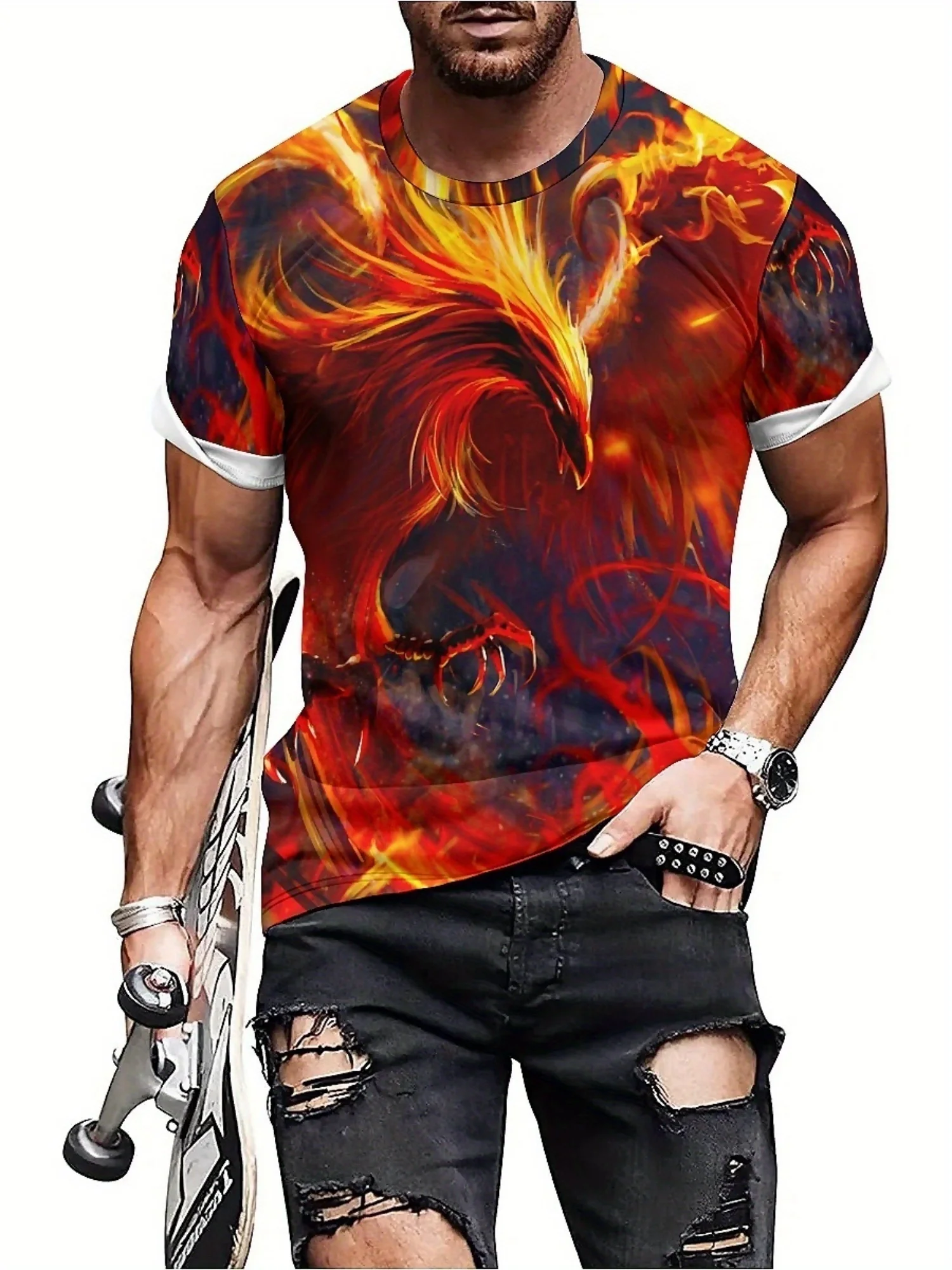 Camiseta masculina com estampa 3D "Burning Phoenix" – manga curta, design de chama vermelha e laranja, poliéster de alta qualidade