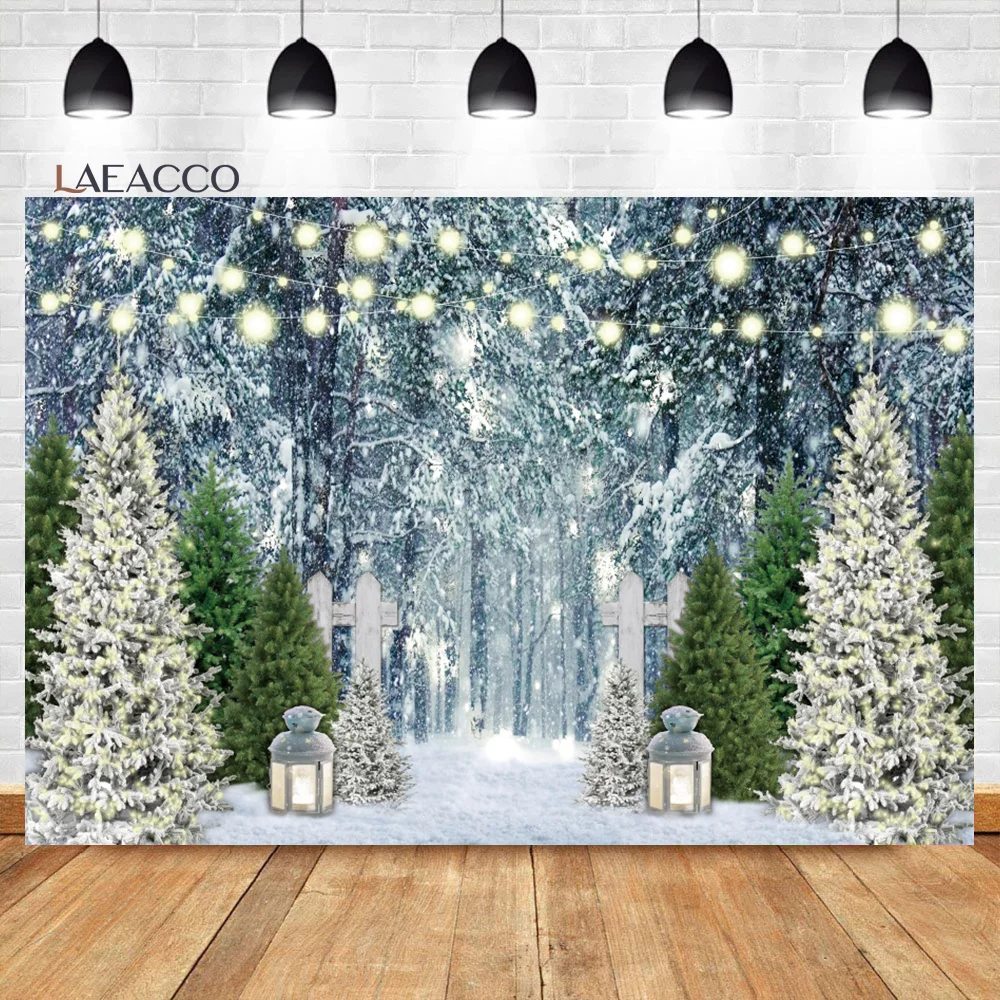 Laeacco Christmas Tree Farm Photography Backdrop Winter Night Dreamy Light Bokeh Forest Kids Birthday Famliy Portrait Background