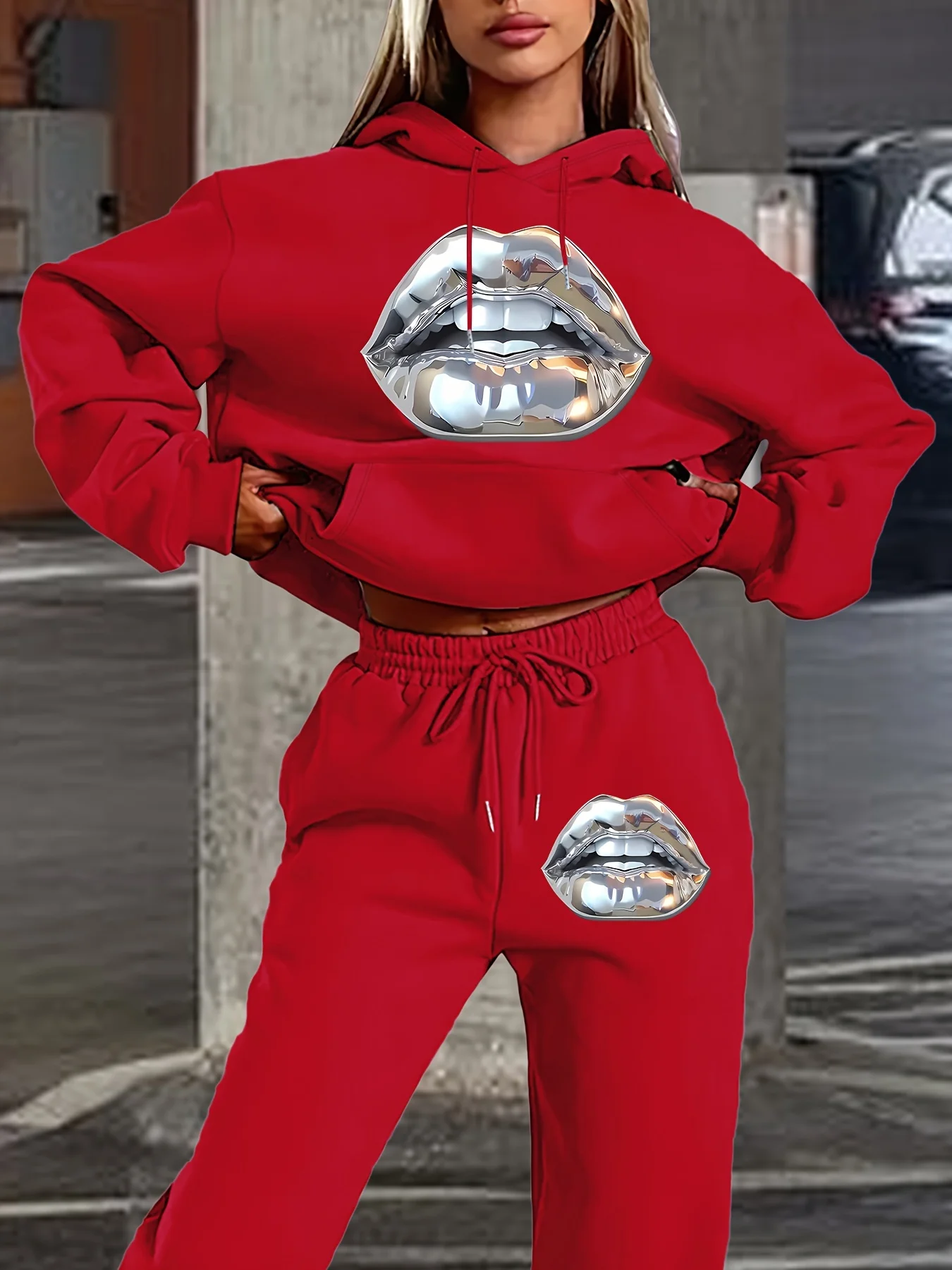 2025 جديد فضي الشفاه طباعة ثلاثية الأبعاد مطبوعة المرأة مقنعين طويلة الأكمام البلوز مجموعة للترفيه المنزلي