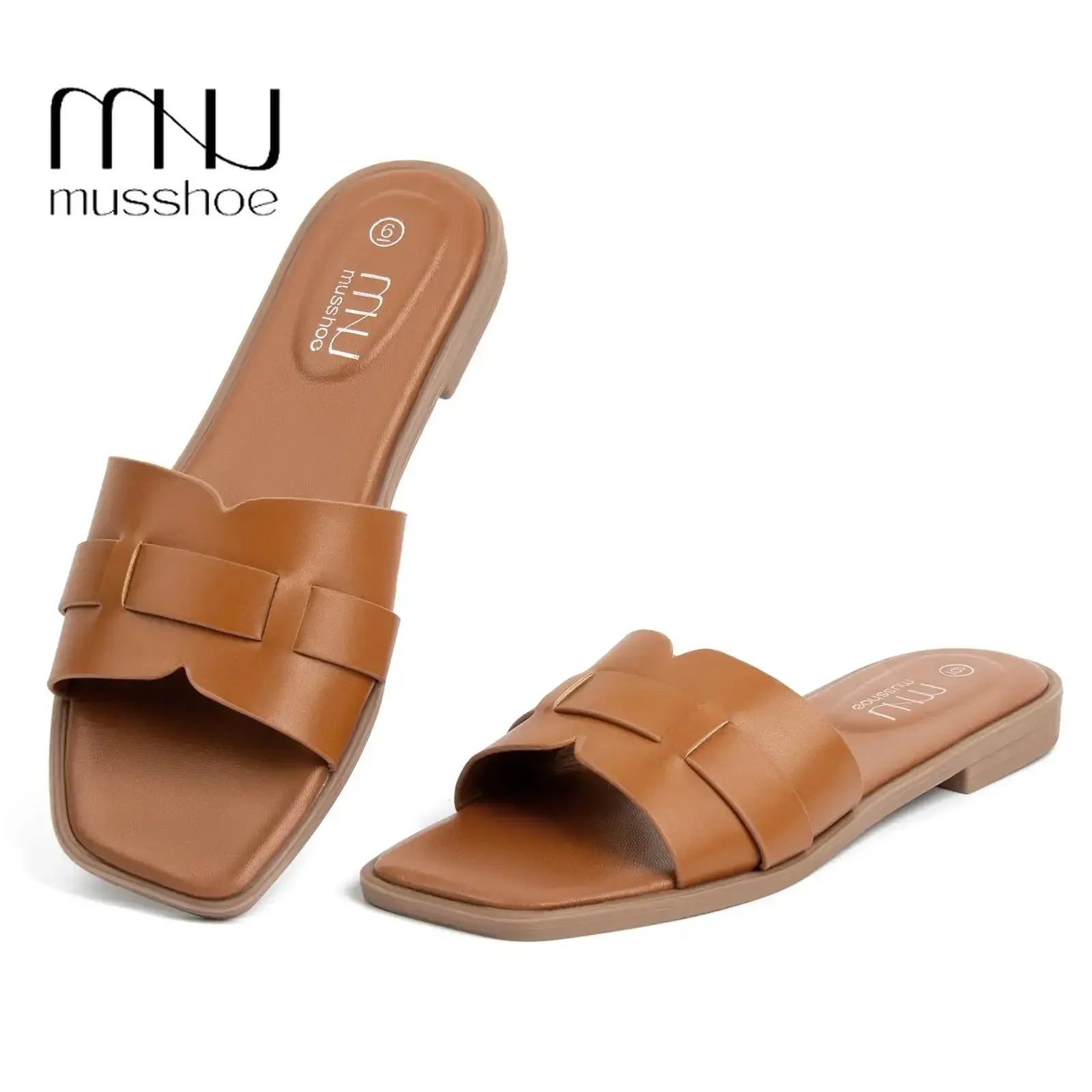 

MUSSHOE Women Slippers Square Toe Flat Sandals Wide Fit Leather Slides Dressy Summer Shoes Female Casual Outdoor Rubber Slippers