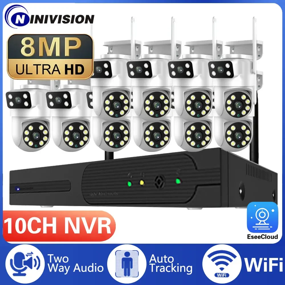 10CH 8mp 4K Dual Lens Wireless Wifi PTZ Camera Security System CCTV Video Surveillance Kit NVR Outdoor Two-Way Audio AI Tracking