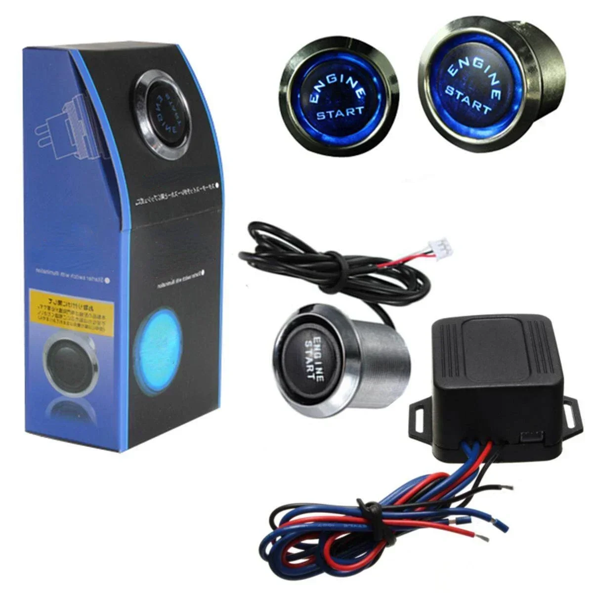 Universal 12V LED Push Start Stop Ignition Switch Kit - Red/Blue Engine Start Button with Momentary Switch