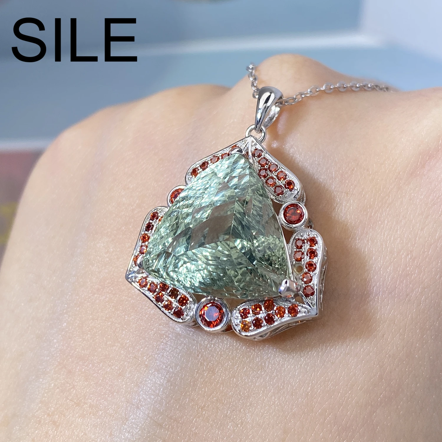 

SILE Luxury Jewelry Women Natural Gemstone Pendants 100% 925 Sterling Silver Inlay Triangle Green Crystal Necklaces Party Jewels