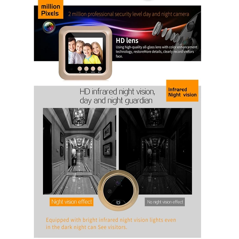 2.4 Polegada tft tela colorida visualizador da câmera olho mágico da porta, campainha câmera de vídeo pir visão noturna 160 grande angular