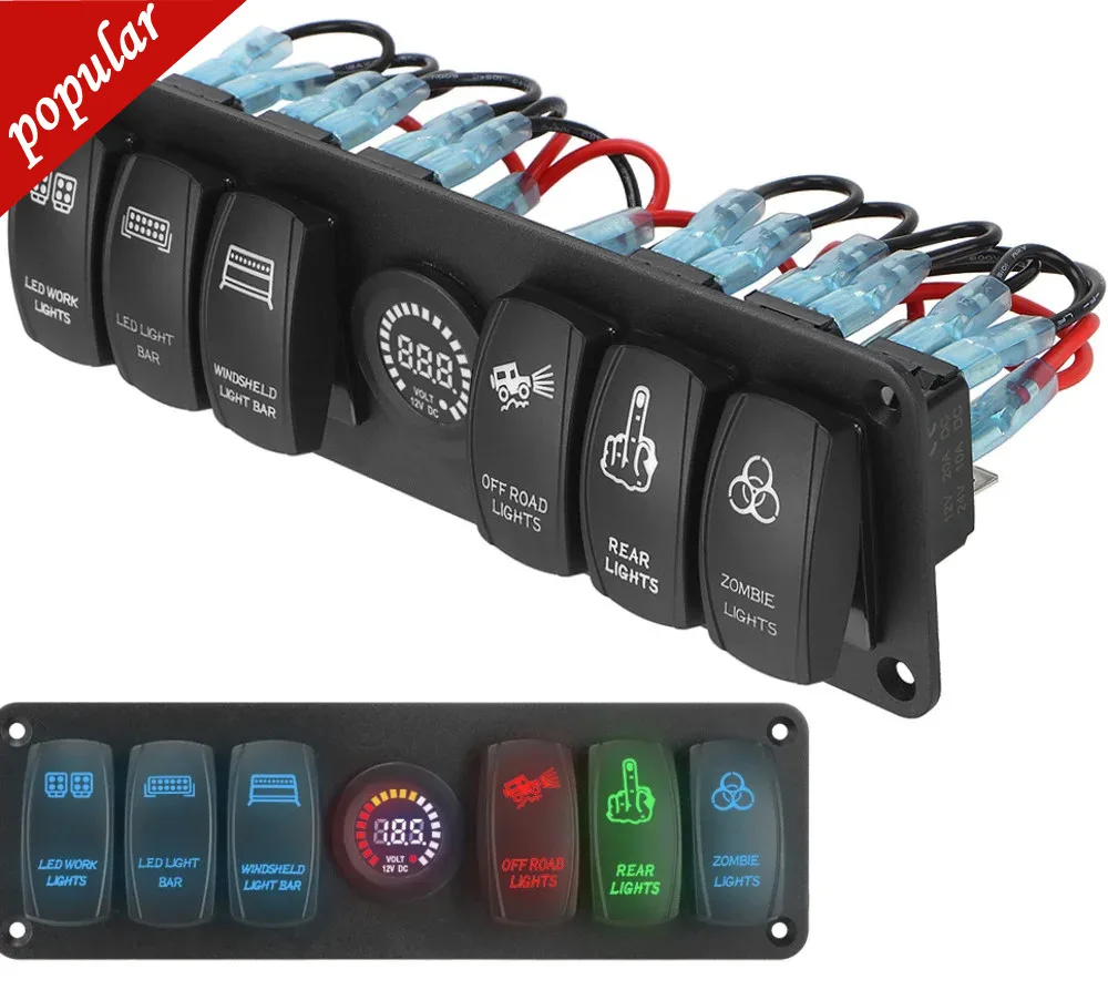 Hot Waterproof Combination Voltmeter On-Off 6 Gang Rocker Switch Panel LED Voltage Display 12-24V For RV Car Marine Boat