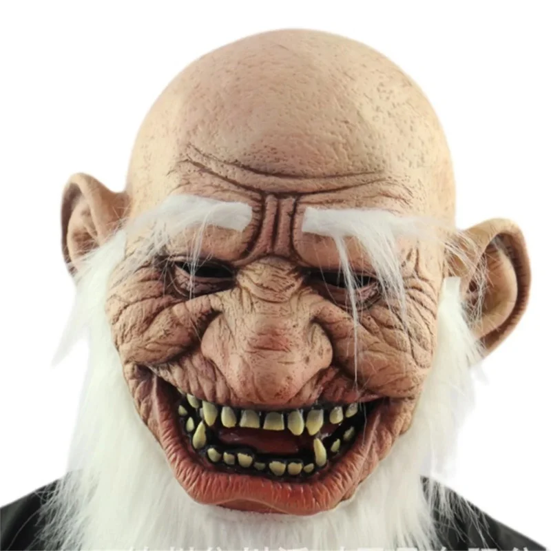 Realistic Face Mask Men Halloween Bald Old Man Facewear Wrinkle Full Head Santa Claus with Beard Headgear for Party Cosplay