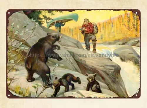 bear hunting river rifle gun Preparedness Philip R. Goodwin metal tin sign