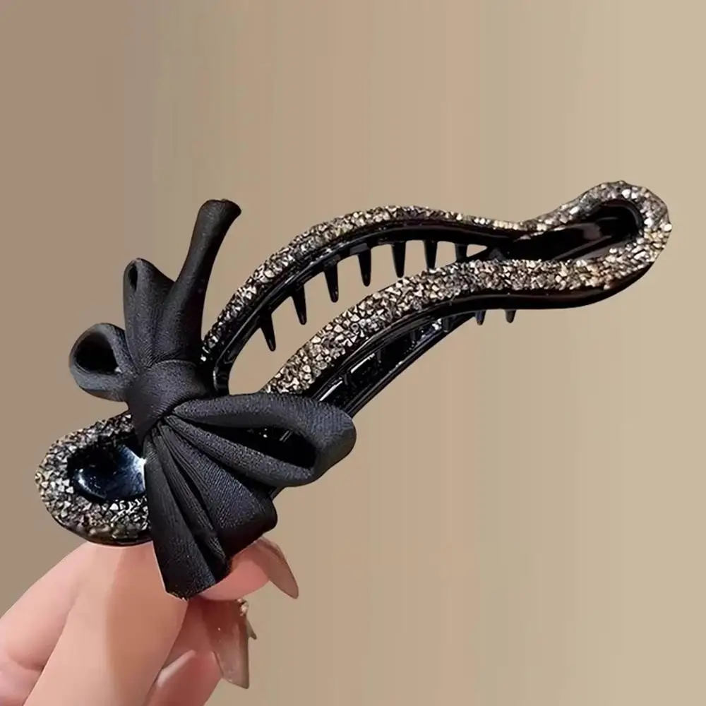 

Classic Black Large Bow Hair Clip Crystal Bowknot Back Head Ponytail Clip Hair Accessories Rhinestone Duckbill Clip Headwear