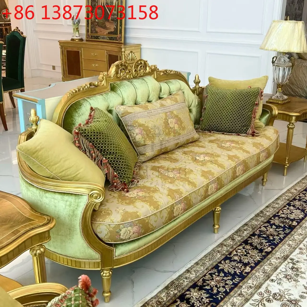 

Французский роскошный диван из массива дерева с тканевой обивкой, розово-зеленый, в европейском стиле с резьбой, для виллы, элитная комбинация для гостиной