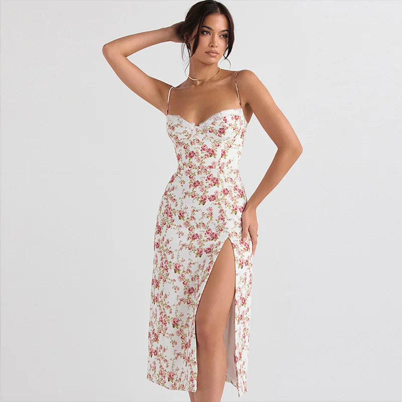 

Sweet Fresh Style Small Floral Dress High Slit Exposed Legs Party Gown Slim Fit Buttocks Wrapped Beach StrapEvening Robes