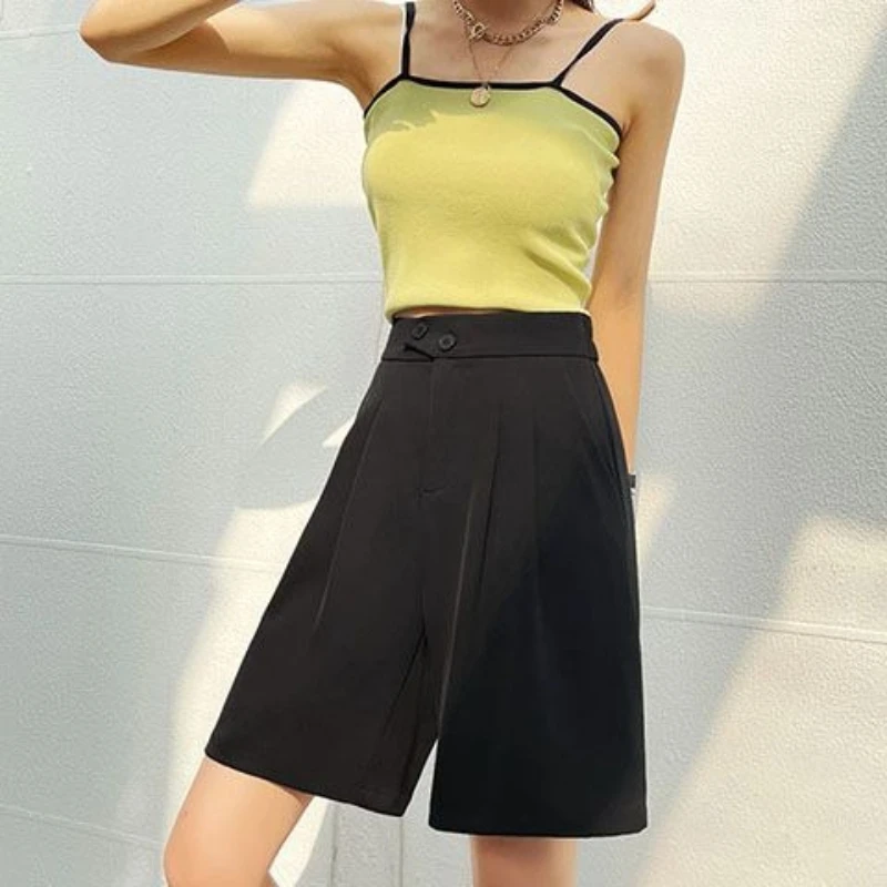 Damskie szorty z wysokim stanem i szerokimi nogawkami, letnia nowa moda, do pracy, na co dzień, jednolite, uniwersalne, wygodne, spodnie do kolan.