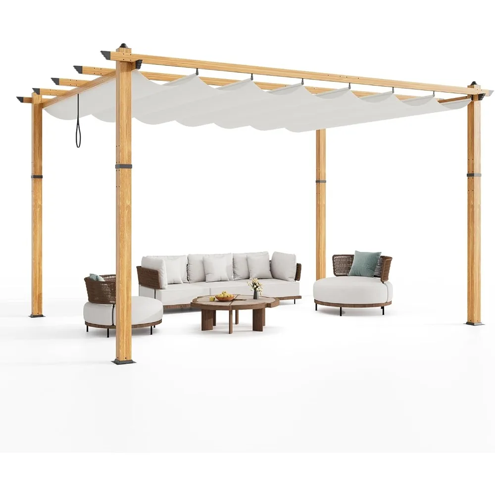 

10x13 FT Patio Pergola - Metal Outdoor Sun Shade Canopy with Retractable Roof for Garden Porch Backyard, Brown and Beige