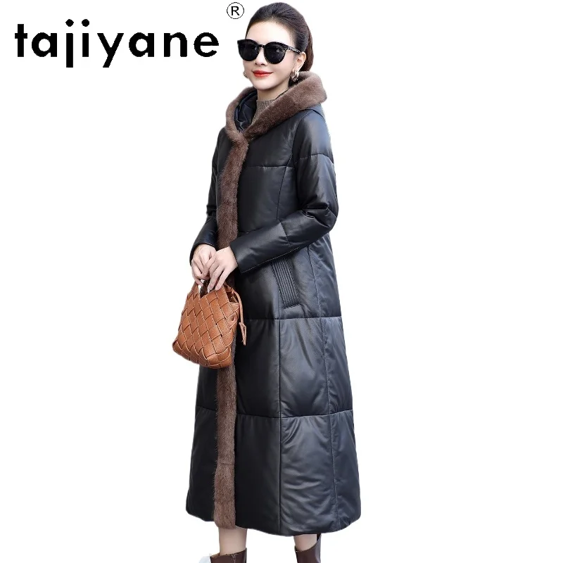TAJIYANE Abrigo de piel de oveja y plumas de ganso para mujer, chaquetas de piel auténtica con cuello de piel Muskrat, chaqueta acolchada con capucha, ropa de invierno 2025 3)??.킹킹