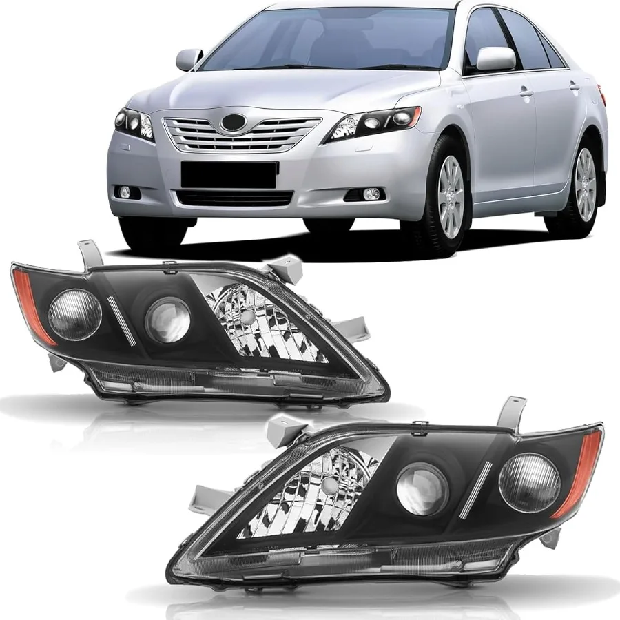 

Headlight Assembly Compatible with 2007 2008 2009 Camry USA Built Models Headlamp Replacement Black Housing Amber Reflector fo