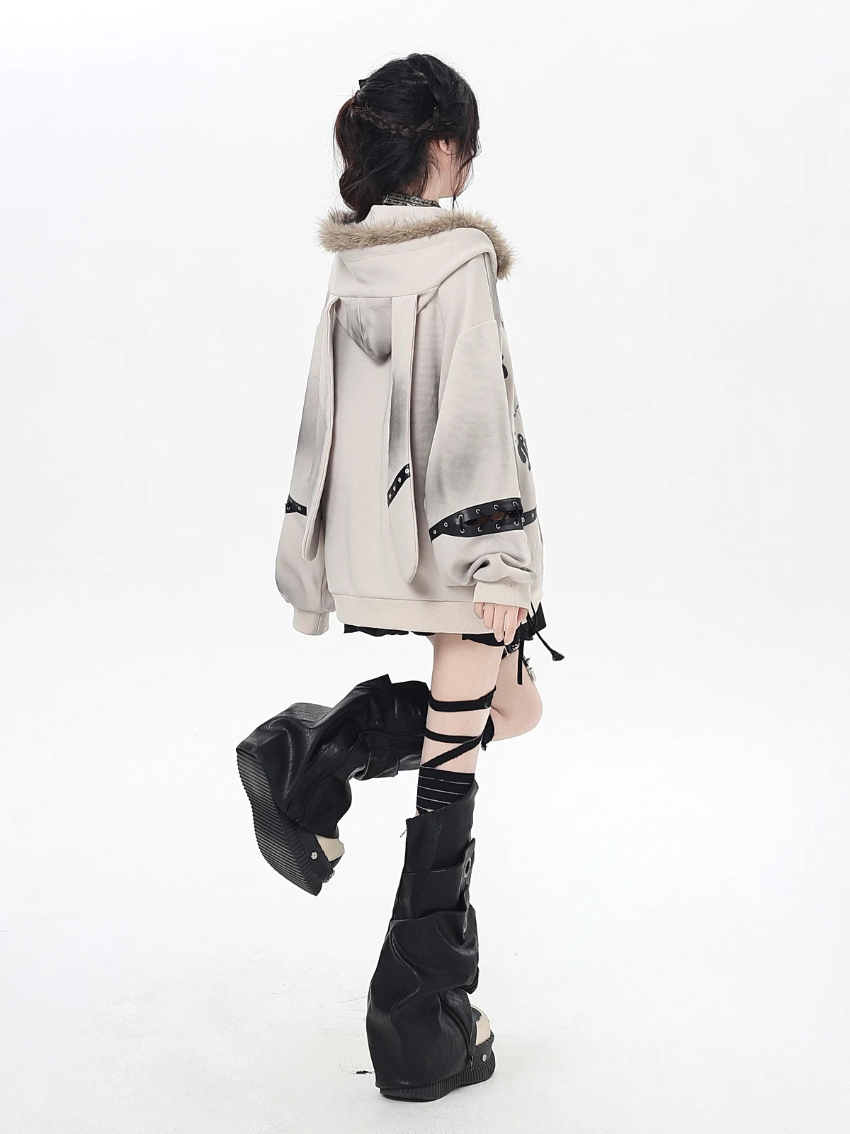 American Punk Sweet Cool Girl Fur Collar Hooded Jacket Lace-up Long Sleeve Cartoon Print Zipper Casual Sweatshirts Women Autumn