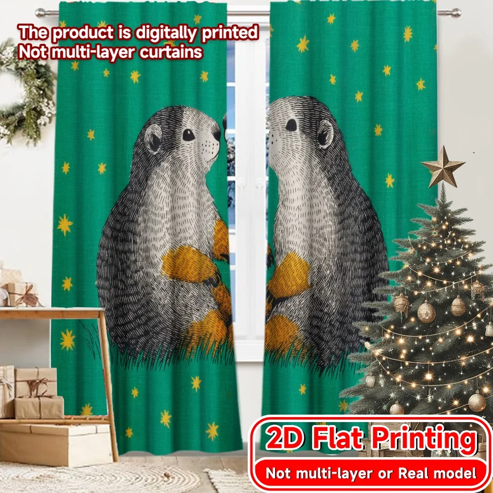 2D Flat Printing,2pcs Marmot Dance Chic Print Curtains Versatile Polyester Curtains Room Decor Perfect for Bedroom & Various