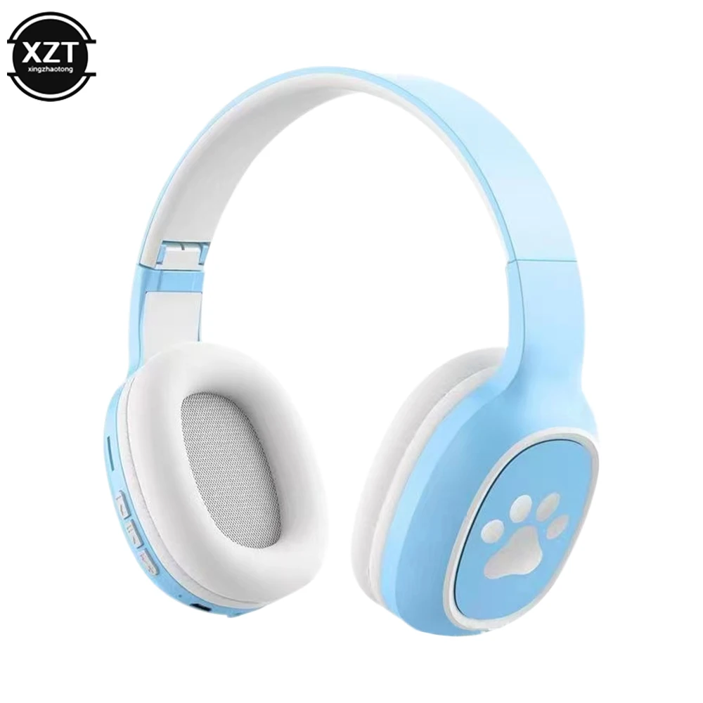 Foldable Bluetooth-Compatible 5.0 Headset Wireless Over Ear Headset Cute Cat Paw Design with Microphone for Girl Kids Phone PC