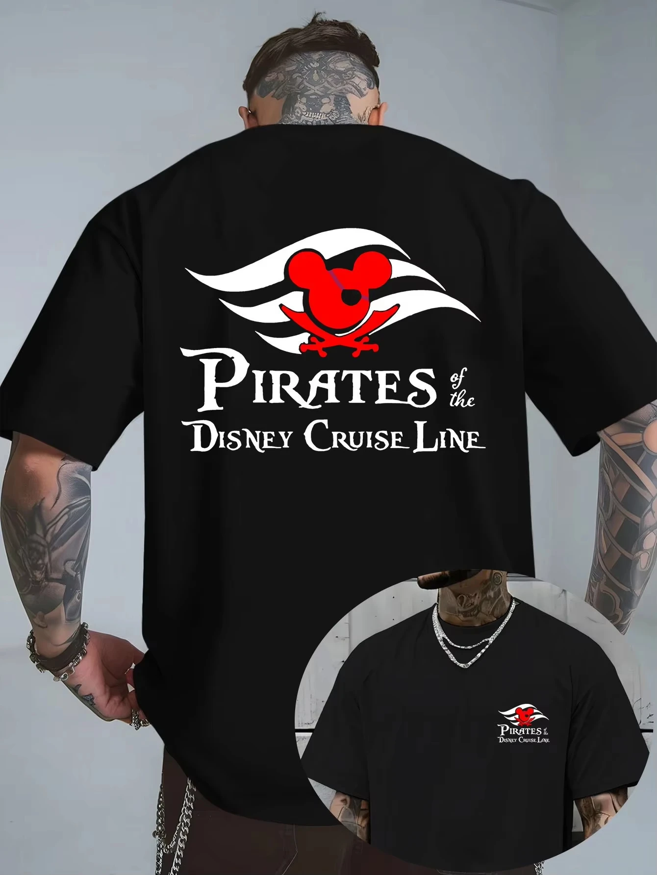Camiseta de Disney Pirates of The Caribbean Cruise Line para hombre, camiseta informal con estampado de calavera de Mickey, camiseta gráfica de manga corta, ropa de calle Ins