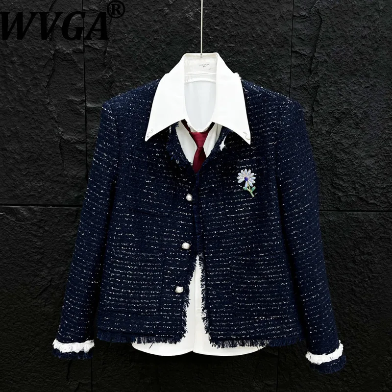 

WVGA Autumn Winter New Man Tide Lace Trim Trendy O-Neck Jackets Niche Chic Casual Brooch Shiny Silk Long Sleeve Coats Ins W14801