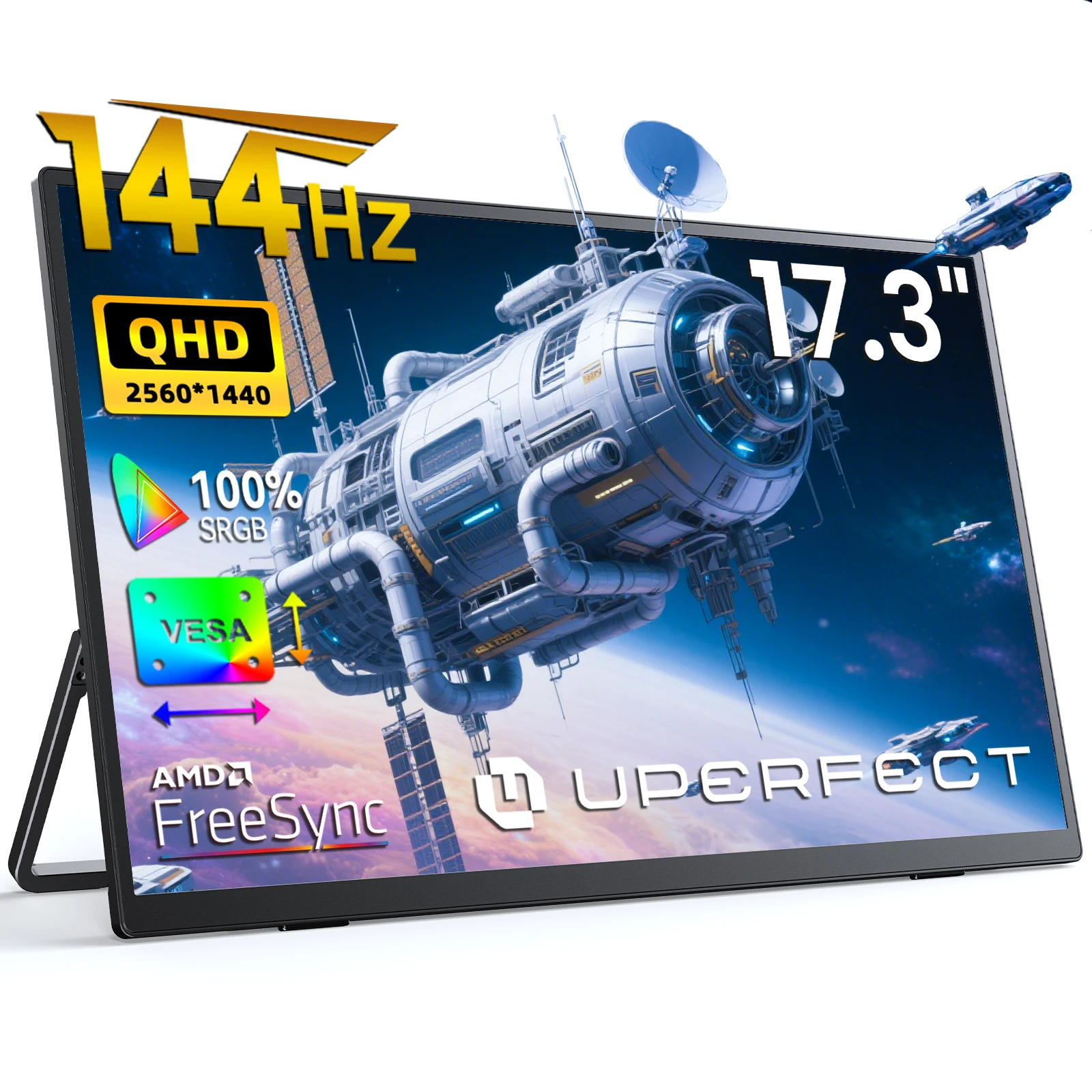 UPERFECT 2K 17,3" 144Hz Tragbarer Gaming-Monitor 2560*1440 16:9 100% sRGB HDMI USB-C HDR Freesync Ultraschlanker Reise-Außenbildschirm für Laptop, PC, Mac, Xbox Switch, PS5/4
