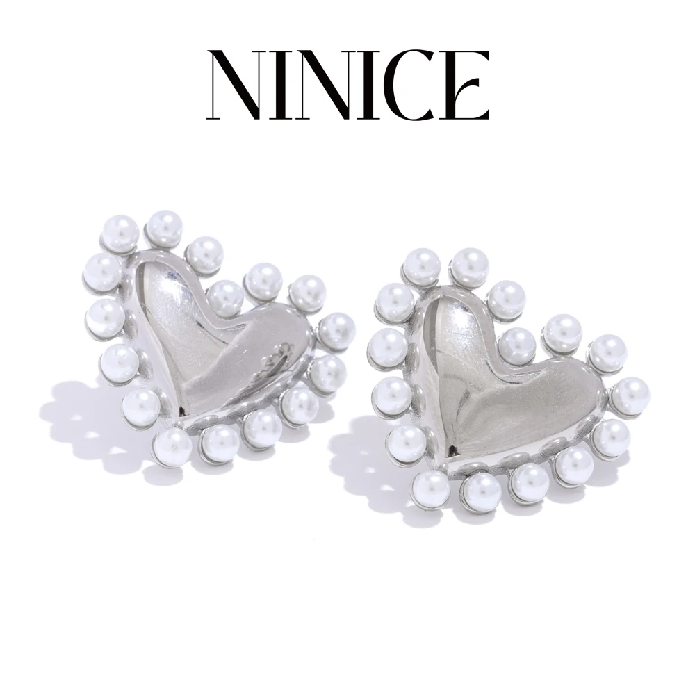 

NiNice Exquisite Simulated Pearls Stainless Steel Love Heart Stud Earrings for Women Popular Jewelry Anti Allergic Gift