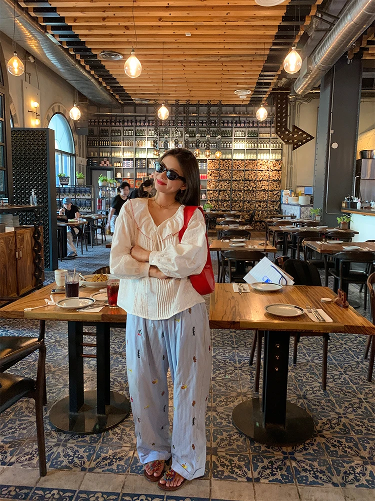 

High Waist Wide Leg Pants Women's Summer New Blue Striped Embroidered Trousers Elastic Waist Small Size Casual Cotton Blend