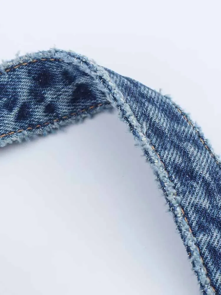 FDEY to     Letni kombinezon damski w stylu europejskim i amerykańskim, z temperamentem, dekolt w serek, dopasowany, wiązany na szyi, z odkrytymi plecami, dżinsowy.