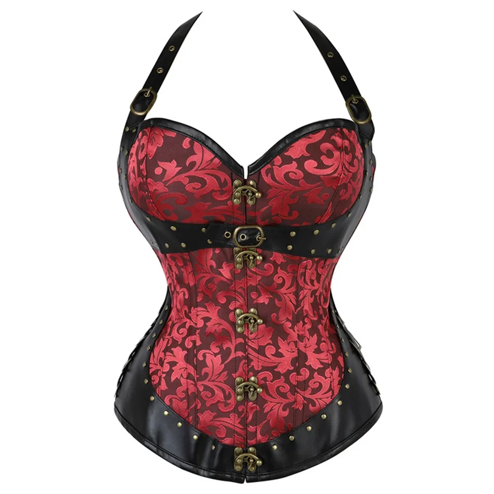 Women Gothic Steel Boned Halter Bustiers And Corset Tops Vintage Steampunk Sexy Body Shaper Overbust Corset Brown Red