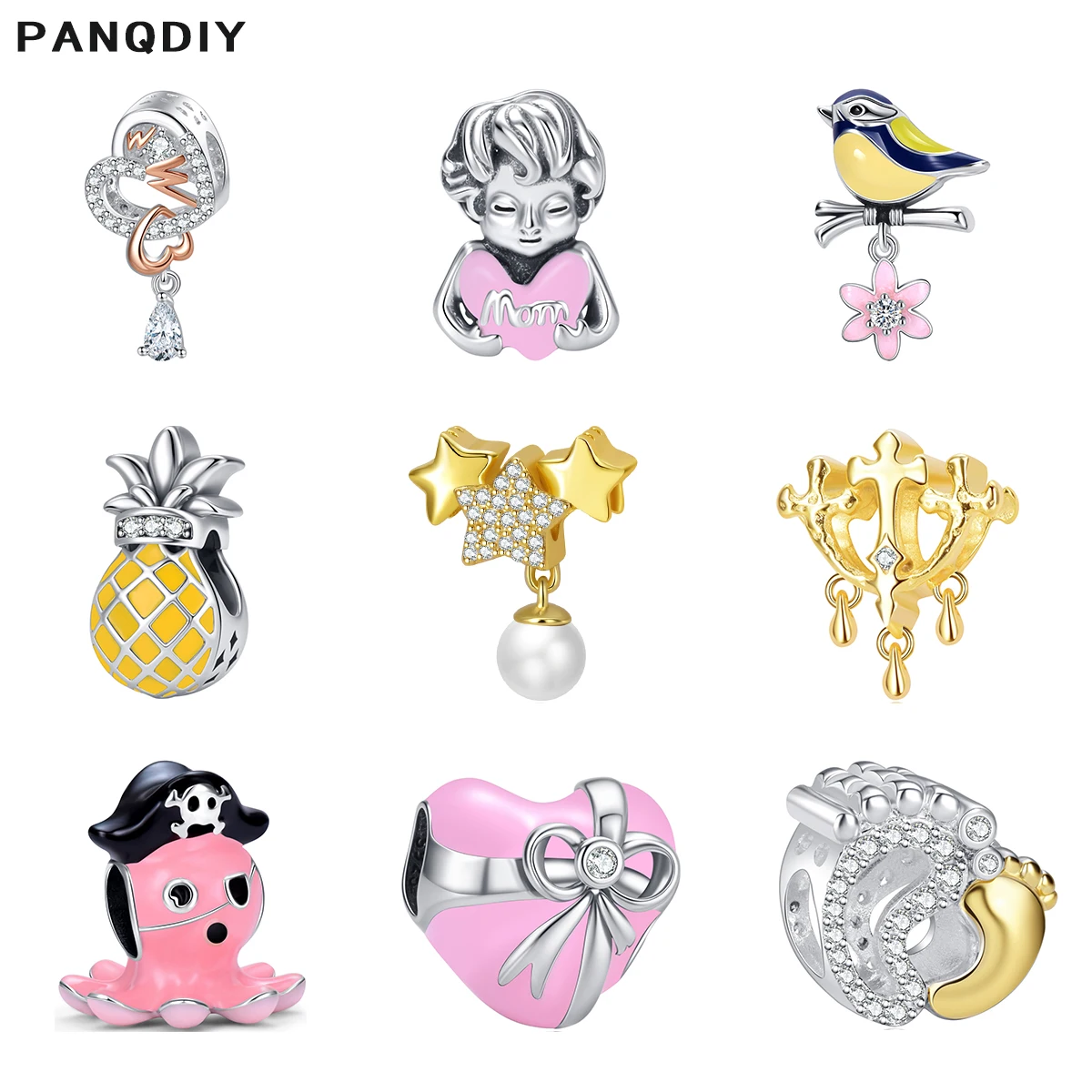 

PANQDIY 925 Sterling Silver Gold Leaf Charms Fit Original Bracelet Love Heart Boy Octopus Design DIY Women jewelry gift