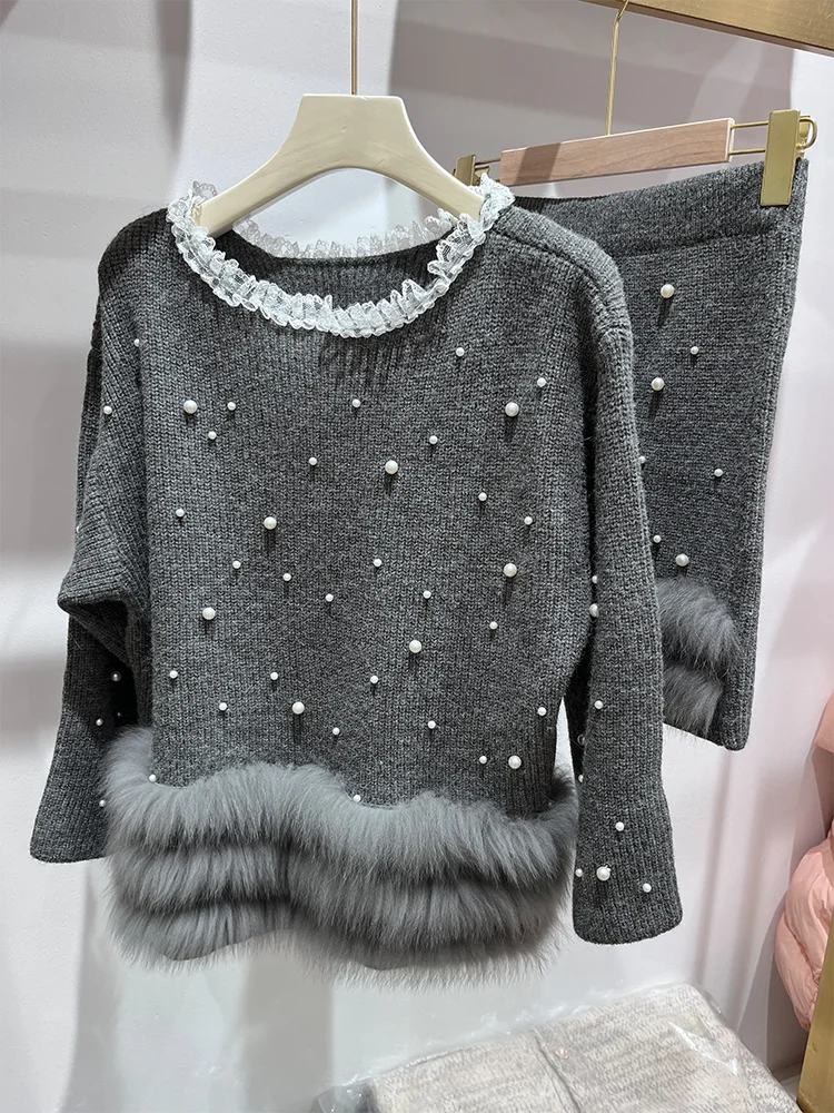 

Spring Autumn Women's Real Fox Fur Pullover Knitted Coat Fox Fur Collar Sweater Long Sleeves Femeale Luxury Coat