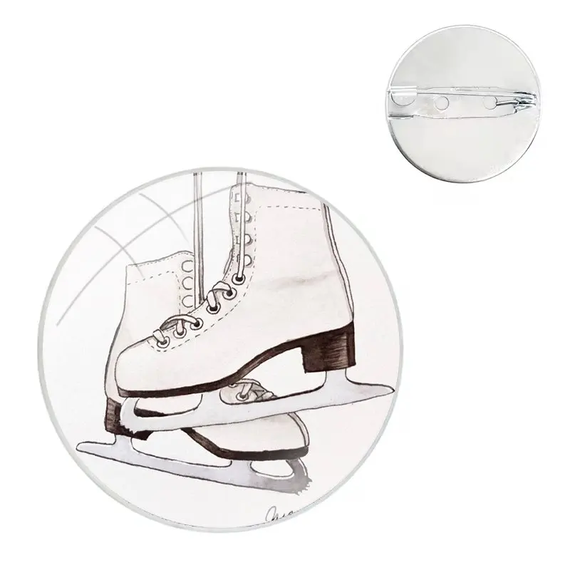 Go ice skating with friend Glass Dome Brooches Shirt Lapel Bag Cute Badge Pins For Clothes Hat Accessories