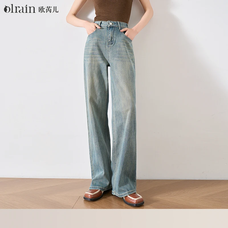 

OLrain Vintage Blue Jeans Women's Autumn Distressed Denim Pants 2025 High Waist Straight Leg Trousers Ladies Clothes WO24CA91332