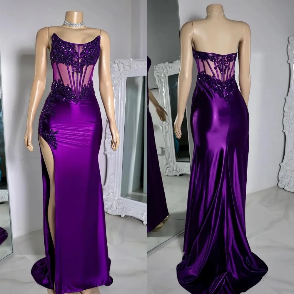 Vestido de sereia sem alças para mulher, vestido de festa roxo e roxo, apliqué de talão, elegante vestido de noite, ocasião especial