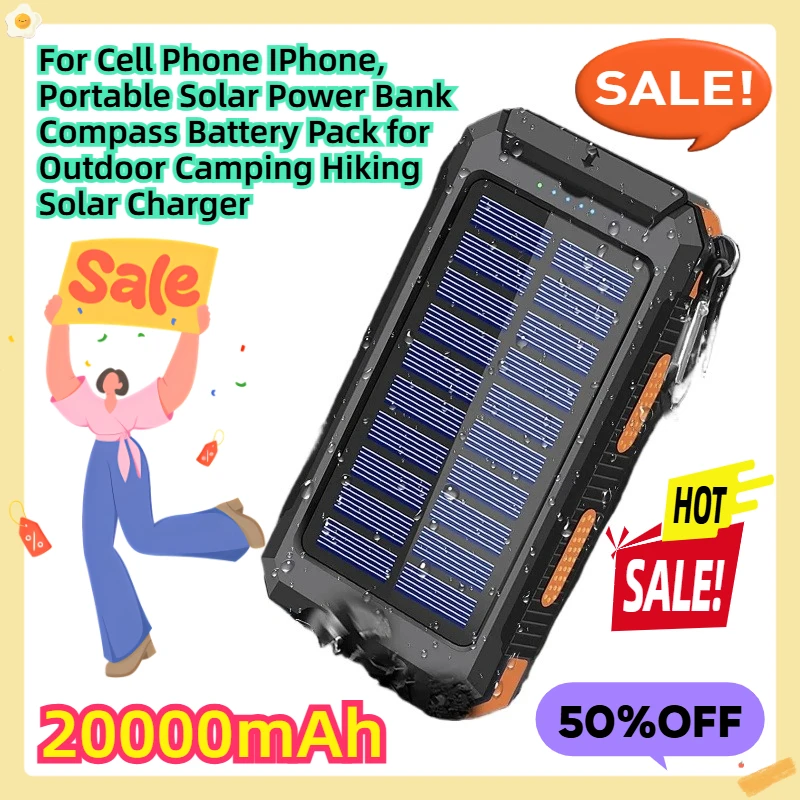 

For Cell Phone IPhone, Portable Solar Power Bank Compass Battery Pack for Outdoor Camping Hiking 20000mAh Solar Charger