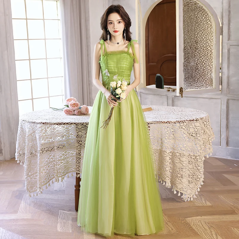 

Green Tulle Wedding Party Dresses Sexy Spaghetti Straps Sleeveless A-Line Floor-Length Long Bridesmaid Dresses Long