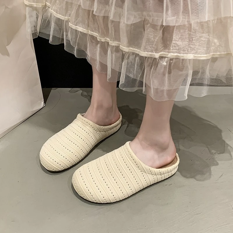 Französische gewebte, atmungsaktive Baotou-Halbslipper für Damen, Sommer-Outdoor-Schuhe im römischen Stil mit dicker Sohle