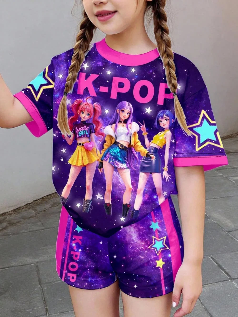 Kpop Cartoon Graphic Girls T-Shirt and Pants Set Girls' Summer Clothing Cute Short Sleeve Set Children's T-Shirt and Shorts Set