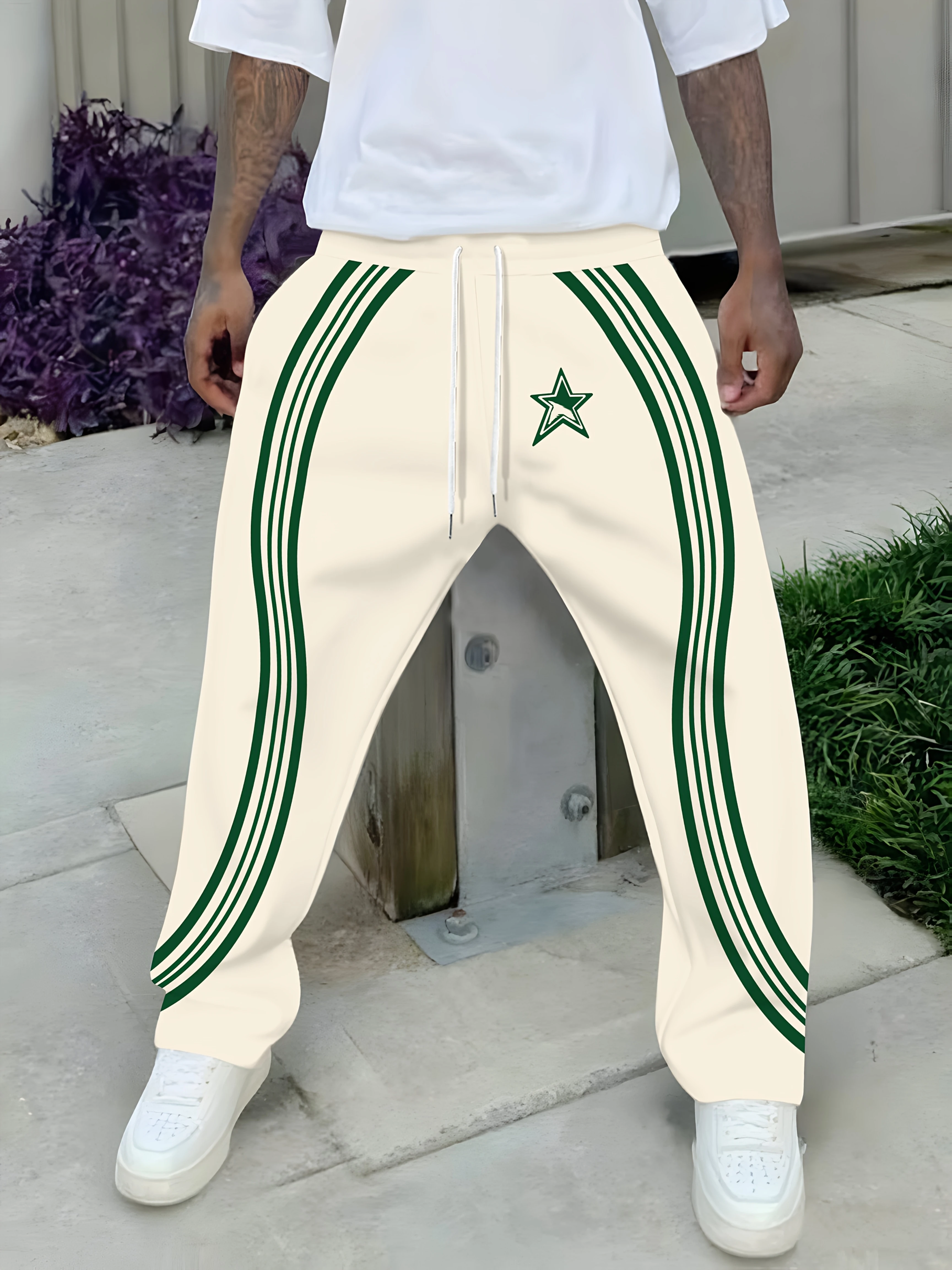 2026 Summer New Men's Beige Green Star Print Track Pants Casual Loose Fit Elastic Waist Drawstring Streetwear Sweatpants Kids
