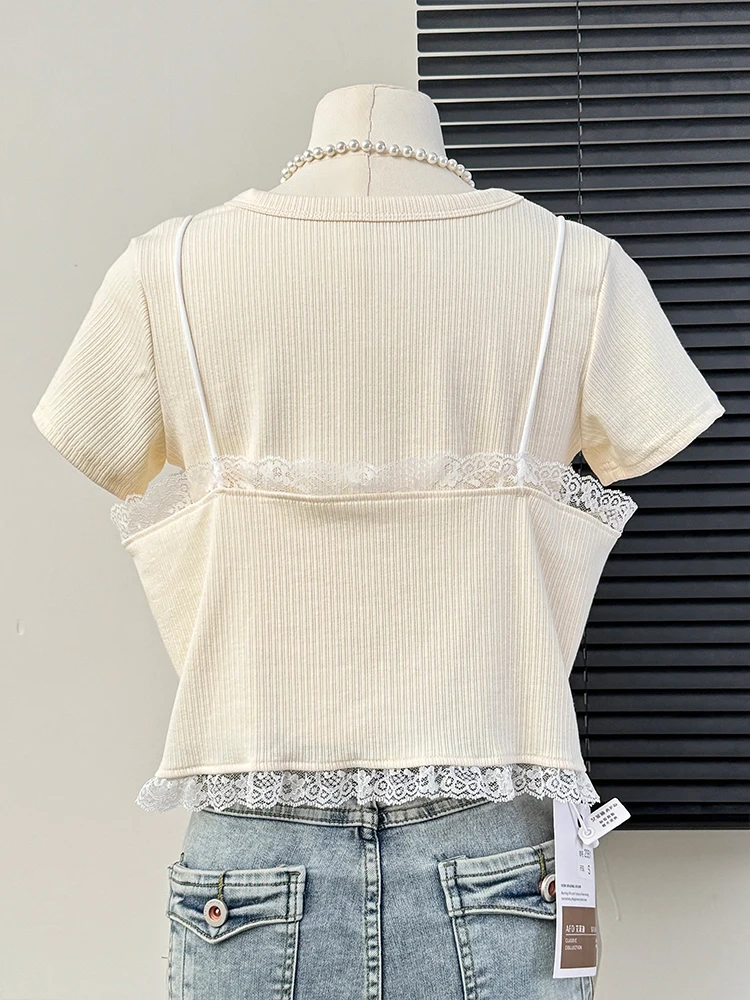 2024 Summer Two Piece Set O Neck Short Sleeve T Shirts Lace Patchwork Tanks Solid Color Crop Tops All Match Women\'s Clothing