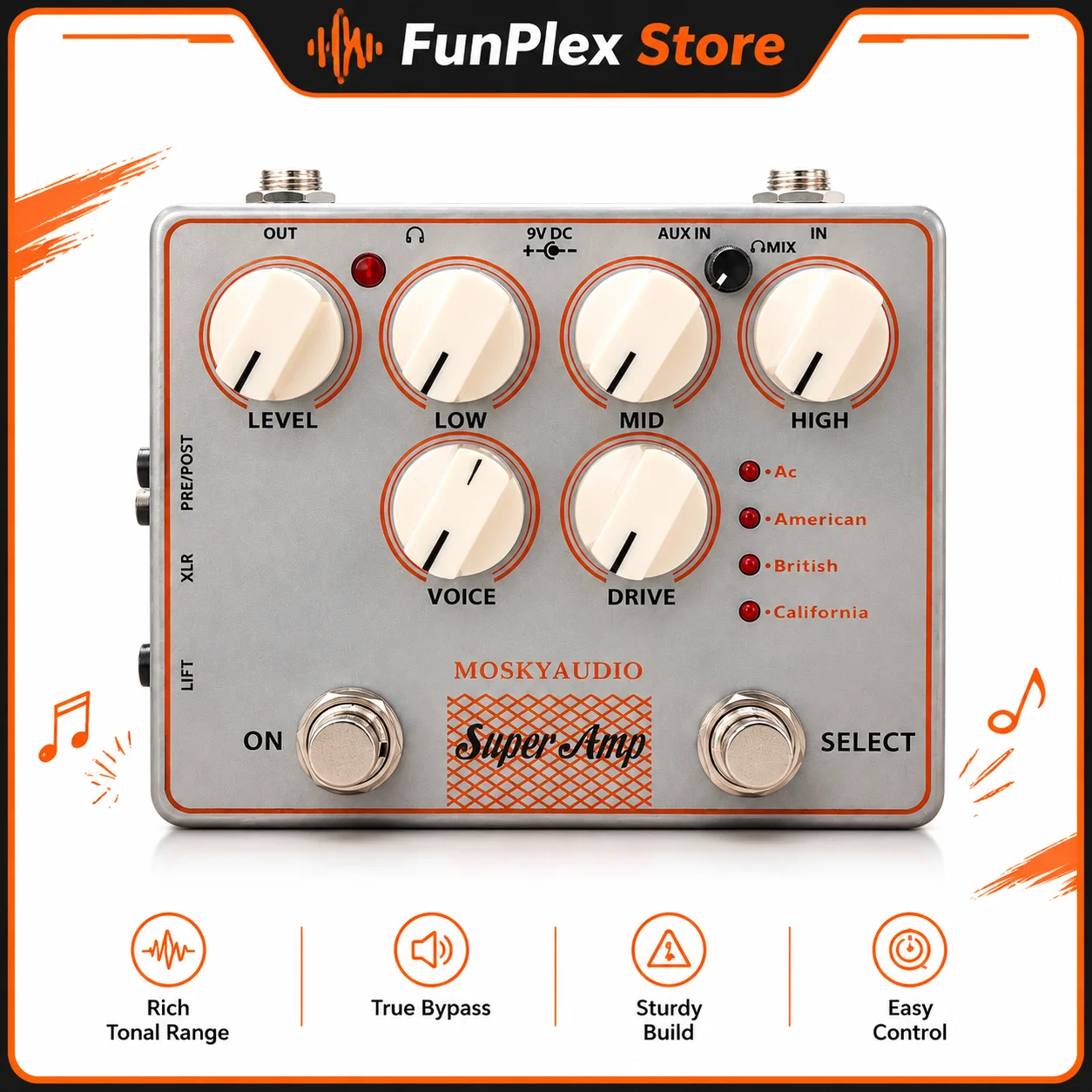 Moskyaudio Super Amp Guitar Effect Pedal 4 Cabinet Simulation Di Headphone Aux Input True Bypass For Guitar Players