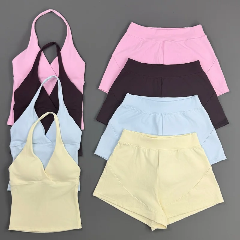 2 Pieces Yoga Set Women Halter V Neck Smooth Tank Top High Waist Sports Shorts Soft Solid Gym Running Fitness Workout Activewear