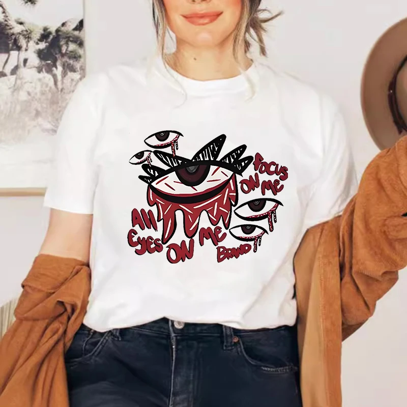Harajuku Y2K Punk Goth Casual Versátil Top Estética Moda Vintage Streetwear Loose Tee Criativo Padrão de Olho Camiseta Impressão