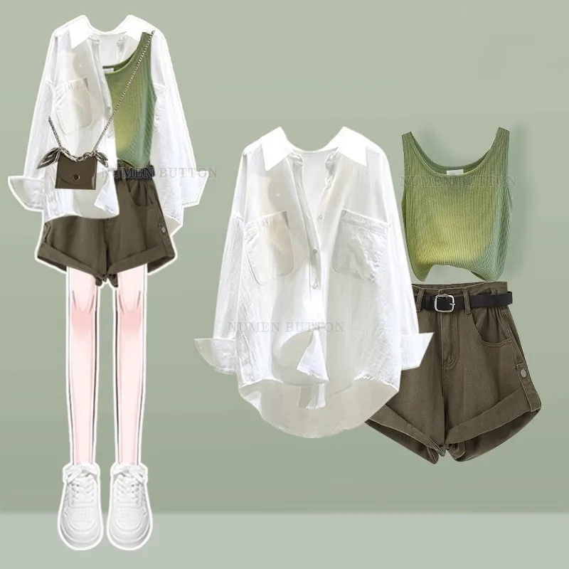 

Women's Summer New Casual Sunscreen Shirt+Vest+High Waist Retro Denim Shorts 3-Piece Suit Korean Elegant Tracksuit Matching Set