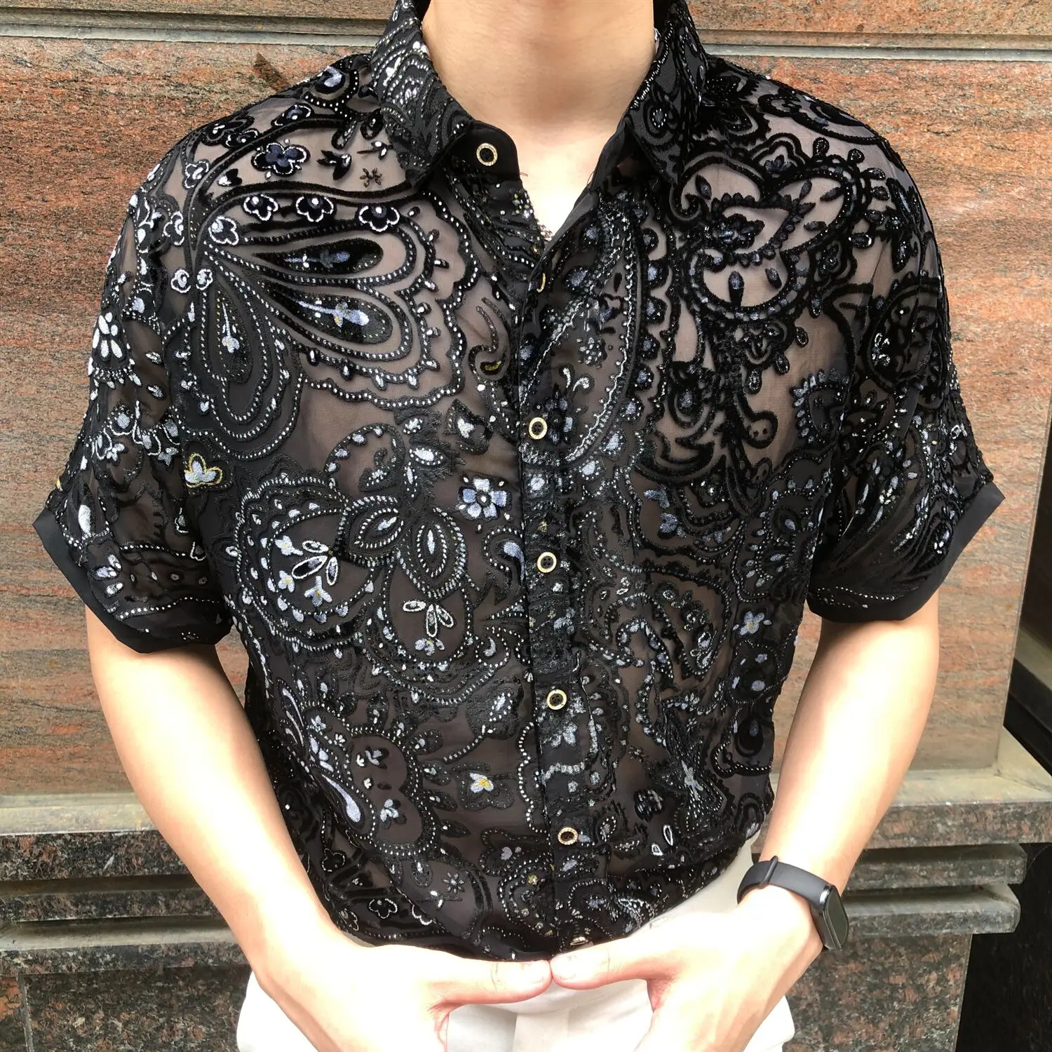 2025 Homme 4xl New Sexy Lace Shirt For Male Embroidery Men Transparent Shirt See Through Mesh Shirt Club Party Prom Chemise