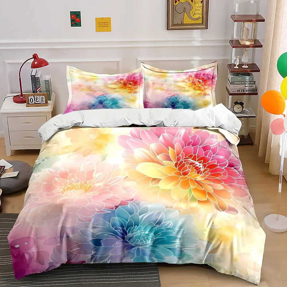 Watercolor Ombre Dahlia Bedding Set, Soft Pastel Marbled Floral Print Duvet Cover 2 Pillowcases Single Double King Queen, Gift