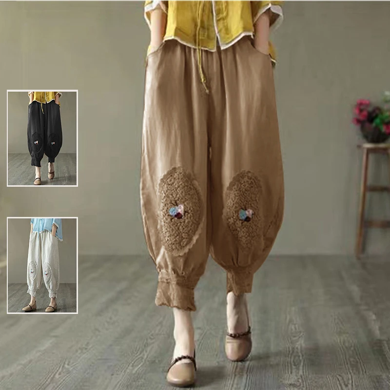 

Брюки Харлан из хлопка и льна с высокой талией и вышивкой, женские летние брюки большого размера с кружевной отделкой в стиле пэчворк, облегающие ноги-фонарики
