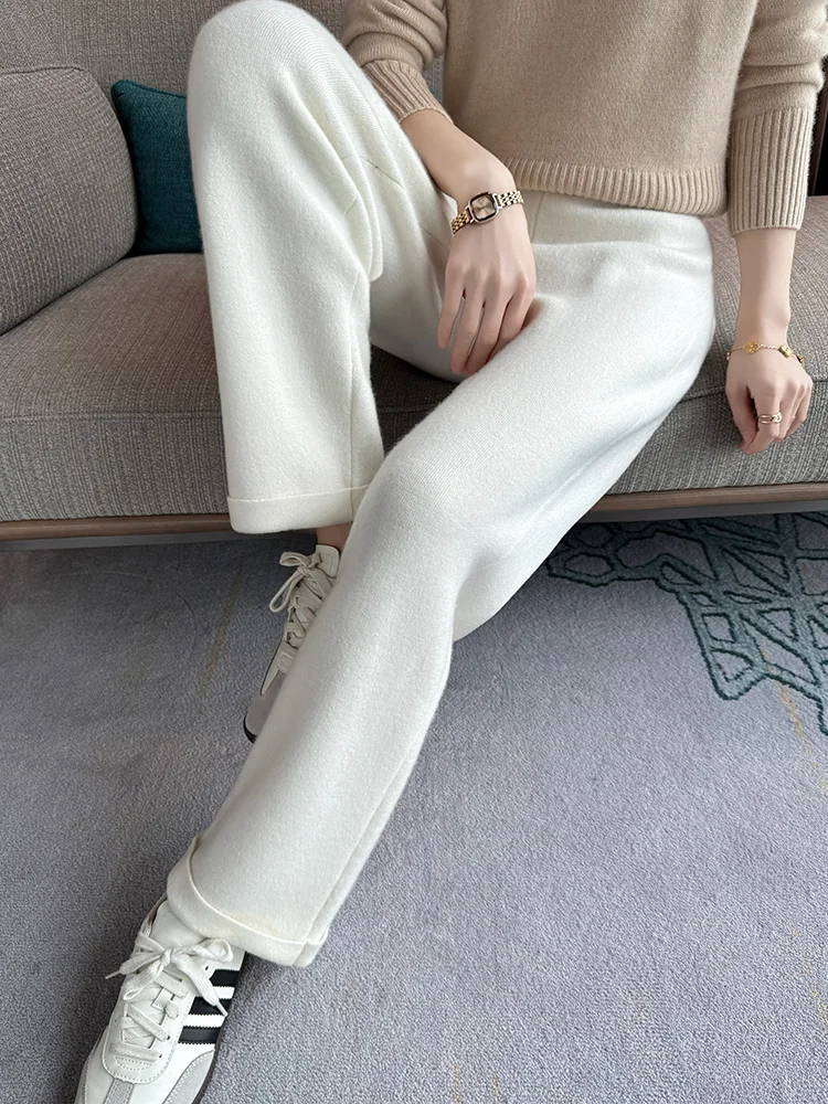 

Autumn Winter New 100% Pure Cashmere Pants Women's High Waisted Loose Stiaight Leg Pants Casual Knitted Outwear Thickened Warm